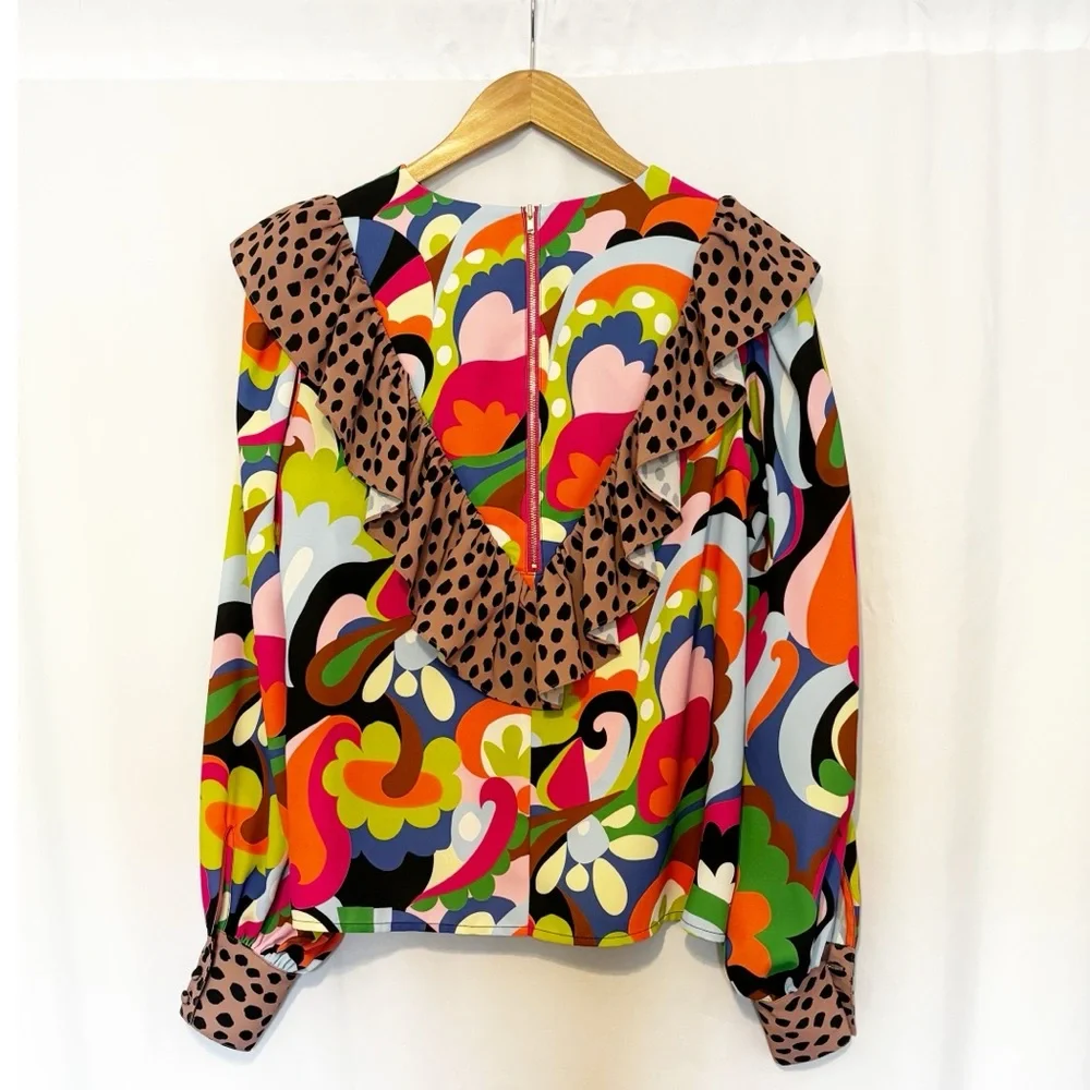 Crosby by Mollie Burch Retro Print Blouse‎ with Contrast Animal Print Ruffle